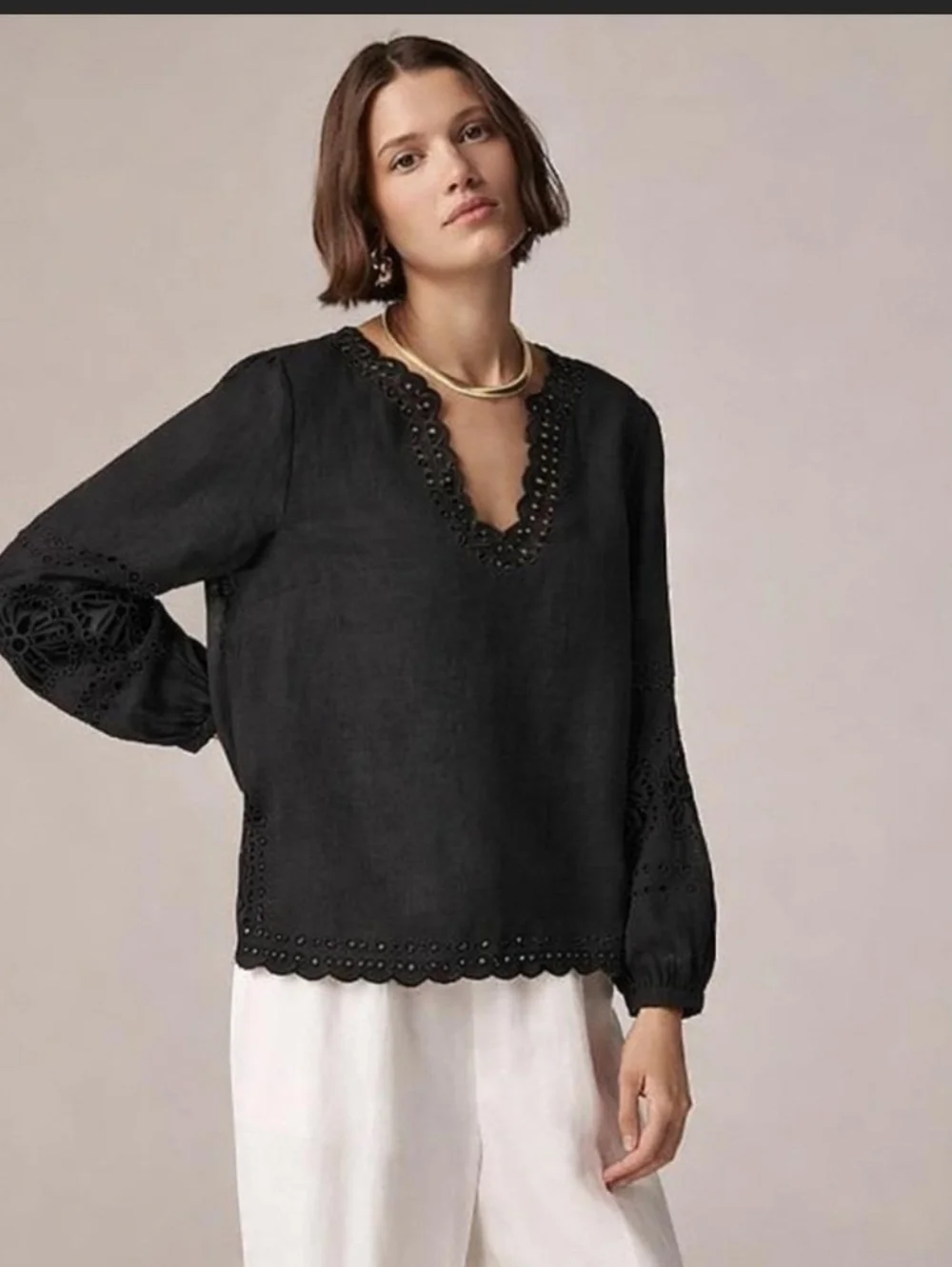 J. Crew Bungalow 100% Linen Black Embroidered Eyelet V-Neck Blouse Large - Picture 6 of 8